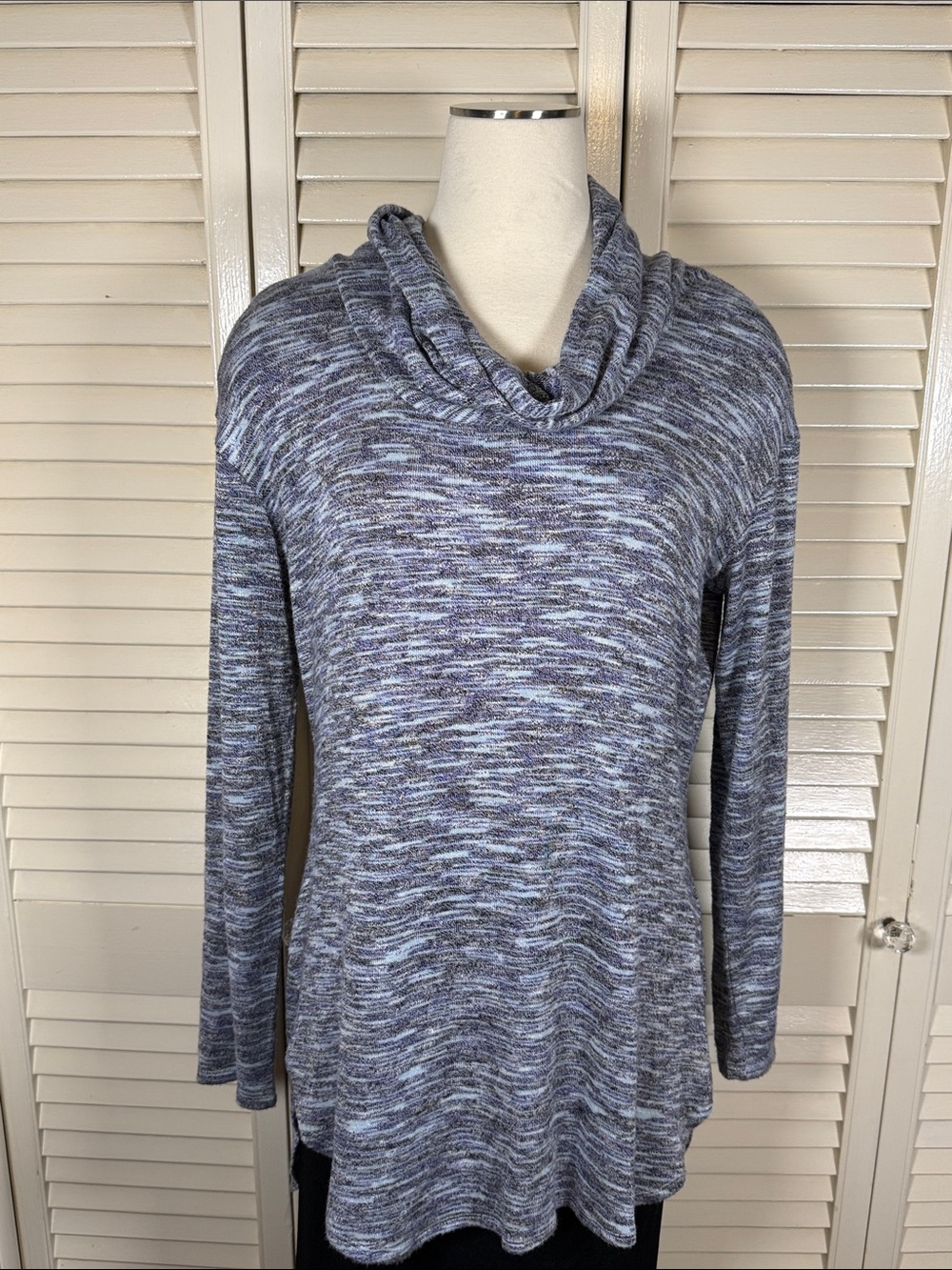Knox Rose Blue Marled Space Dye Cowl Neck High Low Tunic Sweater Large